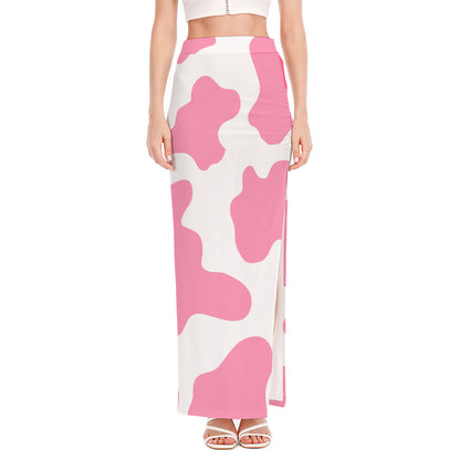 Pastel Pink And White Cow Print High Slit Maxi Skirt