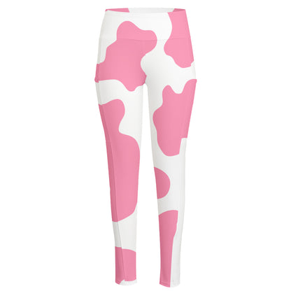 Pastel Pink And White Cow Print High-Waisted Pocket Leggings