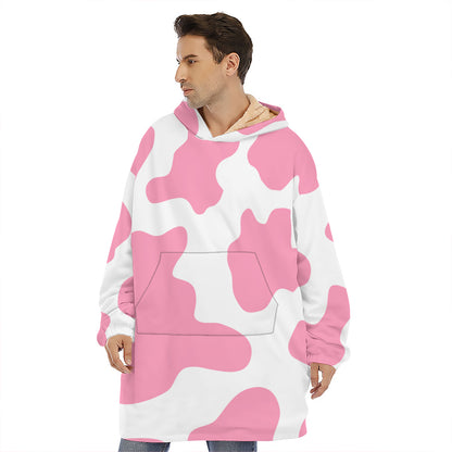 Pastel Pink And White Cow Print Hoodie Blanket