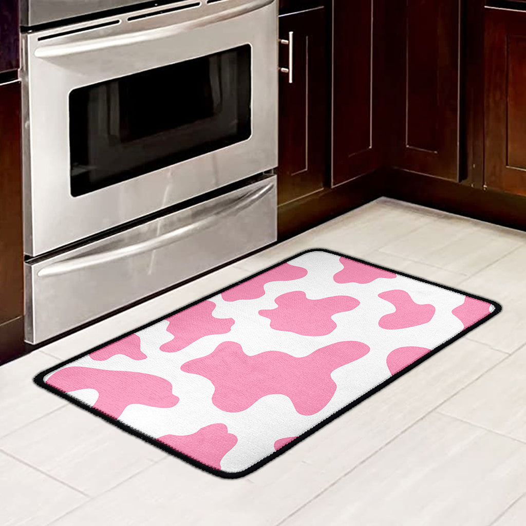 Pastel Pink And White Cow Print Kitchen Mat
