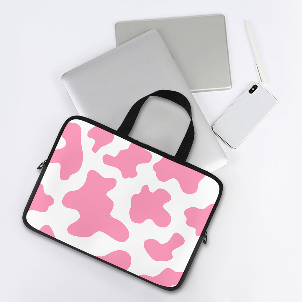 Pastel Pink And White Cow Print Laptop Sleeve With Handle
