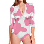 Pastel Pink And White Cow Print Long Sleeve Swimsuit