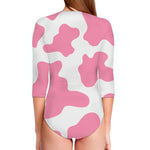 Pastel Pink And White Cow Print Long Sleeve Swimsuit