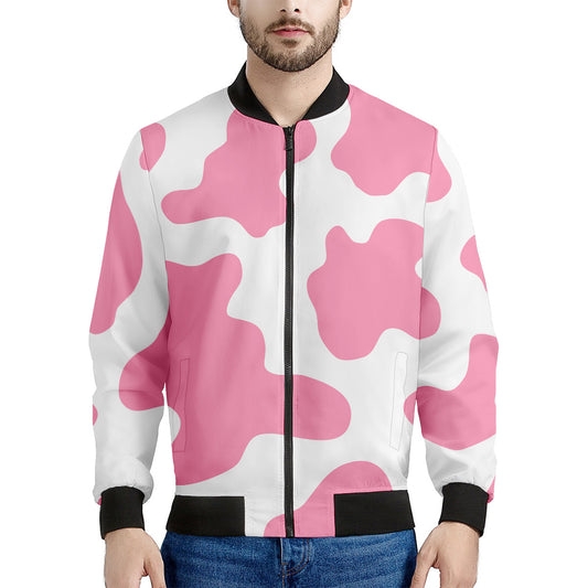 Pastel Pink And White Cow Print Men's Bomber Jacket