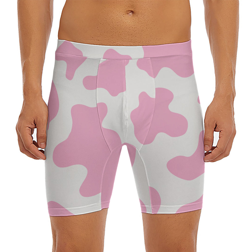 Pastel Pink And White Cow Print Men's Long Boxer Briefs