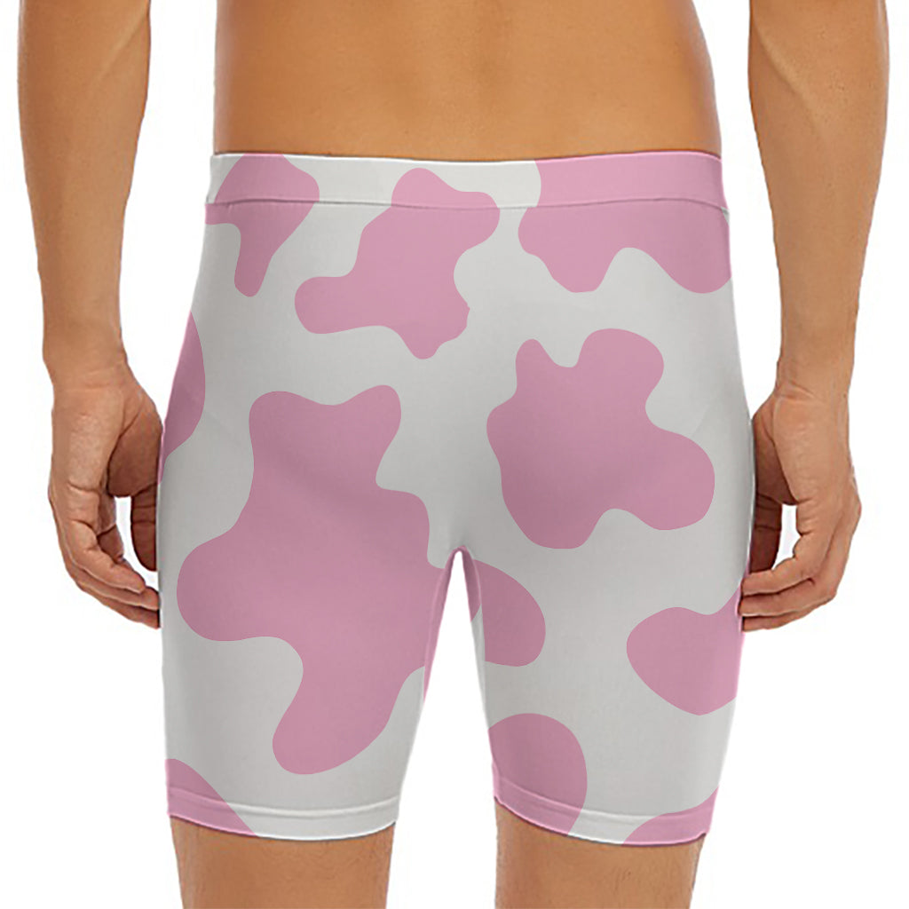 Pastel Pink And White Cow Print Men's Long Boxer Briefs