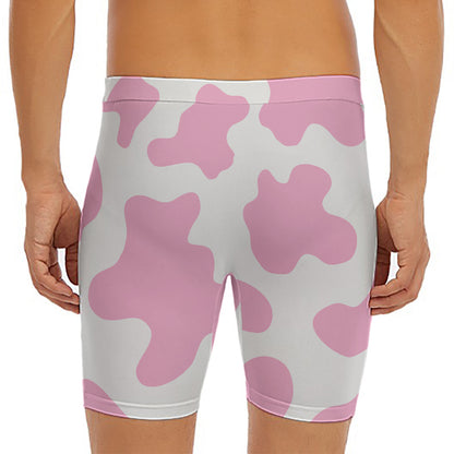 Pastel Pink And White Cow Print Men's Long Boxer Briefs
