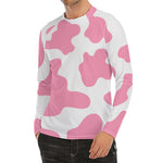 Pastel Pink And White Cow Print Men's Long Sleeve Rash Guard