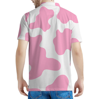 Pastel Pink And White Cow Print Men's Polo Shirt