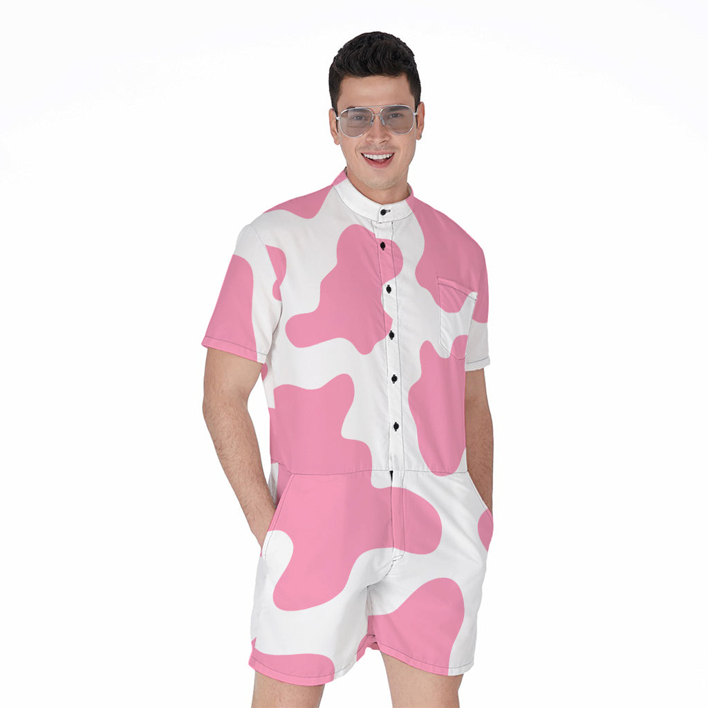 Pastel Pink And White Cow Print Men's Rompers