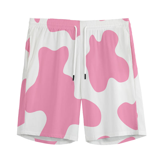 Pastel Pink And White Cow Print Men's Sports Shorts