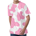 Pastel Pink And White Cow Print Men's Velvet T-Shirt