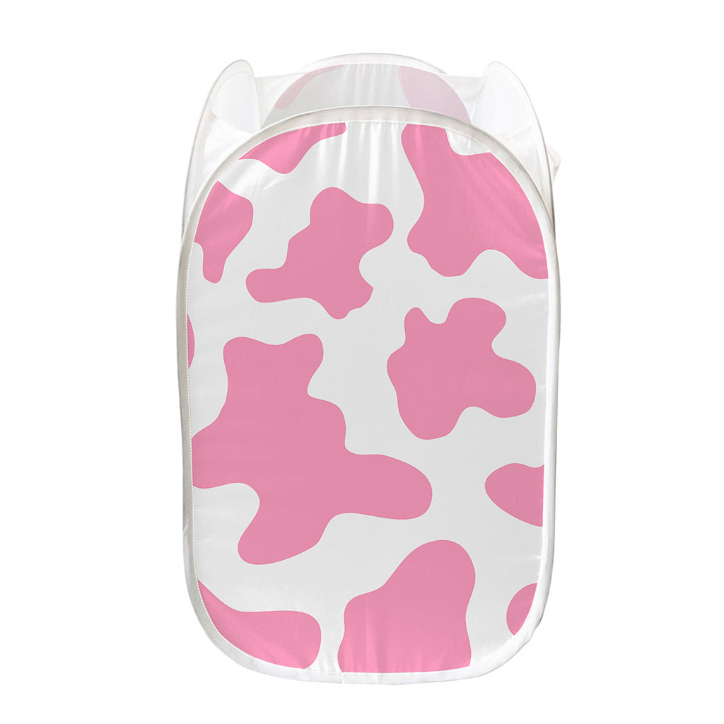 Pastel Pink And White Cow Print Mesh Laundry Hamper