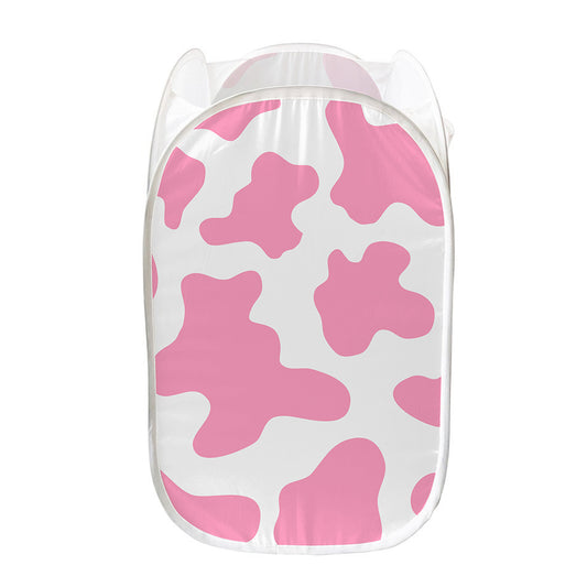 Pastel Pink And White Cow Print Mesh Laundry Hamper