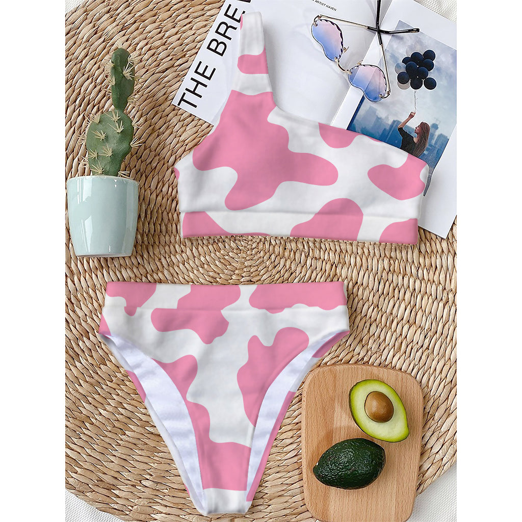 Pastel Pink And White Cow Print One Shoulder Bikini Top