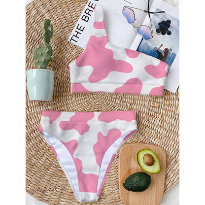 Pastel Pink And White Cow Print One Shoulder Bikini Top