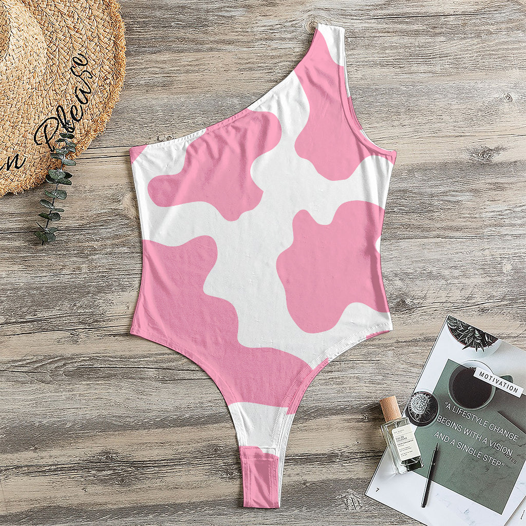 Pastel Pink And White Cow Print One Shoulder Bodysuit