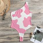 Pastel Pink And White Cow Print One Shoulder Bodysuit
