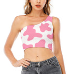 Pastel Pink And White Cow Print One Shoulder Crop Top