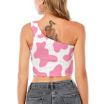 Pastel Pink And White Cow Print One Shoulder Crop Top