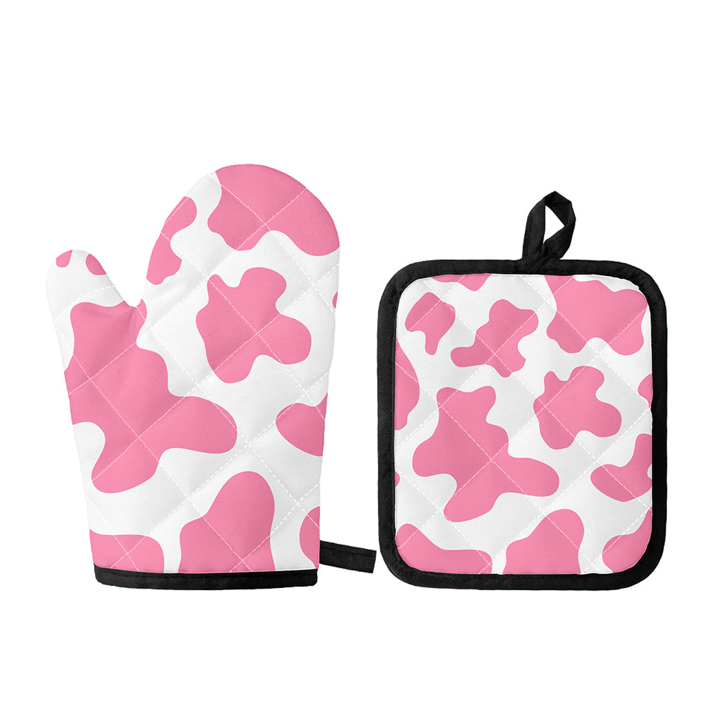 Pastel Pink And White Cow Print Oven Mitt And Pot Holder Set