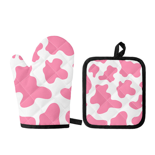 Pastel Pink And White Cow Print Oven Mitt And Pot Holder Set