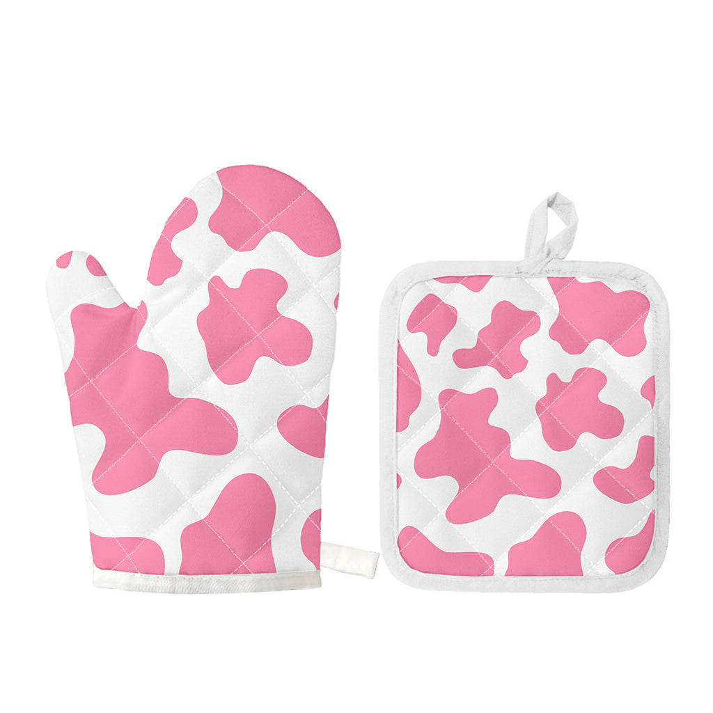 Pastel Pink And White Cow Print Oven Mitt And Pot Holder Set
