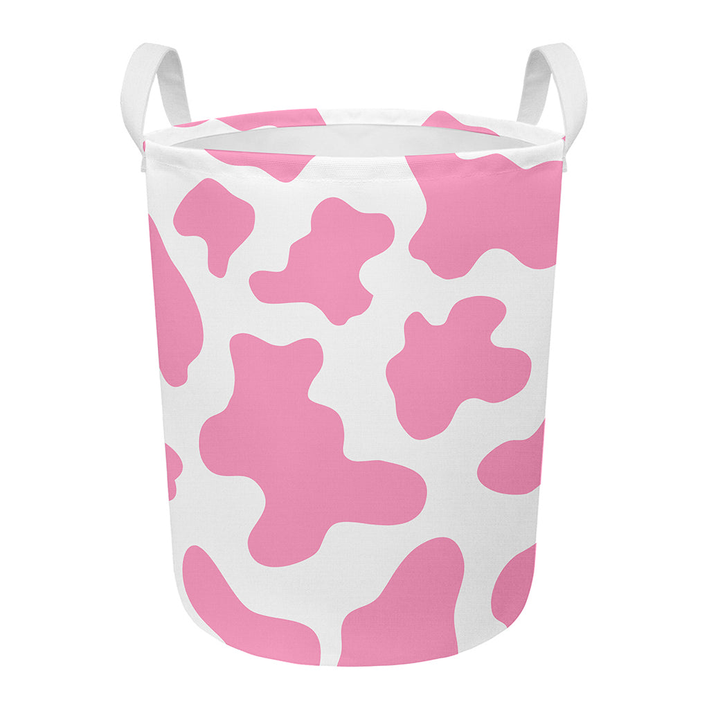 Pastel Pink And White Cow Print Round Laundry Basket