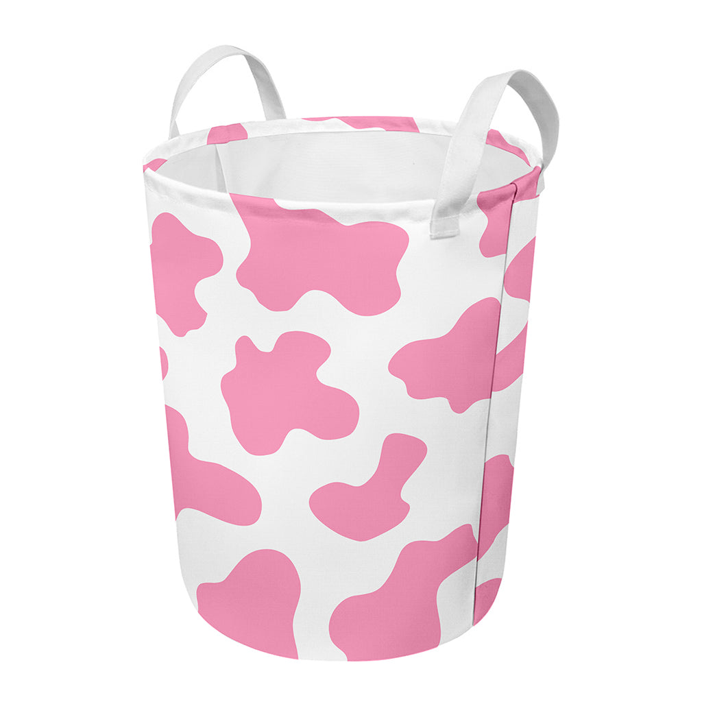 Pastel Pink And White Cow Print Round Laundry Basket