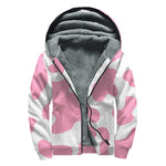 Pastel Pink And White Cow Print Sherpa Lined Zip Up Hoodie