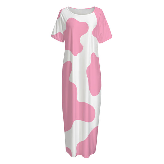 Pastel Pink And White Cow Print Short Sleeve Long Nightdress