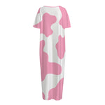 Pastel Pink And White Cow Print Short Sleeve Long Nightdress
