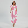 Pastel Pink And White Cow Print Short Sleeve Maxi Dress