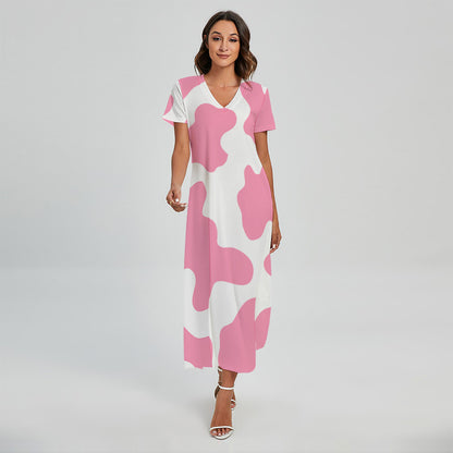 Pastel Pink And White Cow Print Short Sleeve Maxi Dress