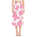 Pastel Pink And White Cow Print Side Slit Midi Skirt