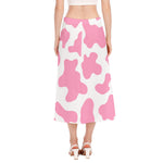 Pastel Pink And White Cow Print Side Slit Midi Skirt
