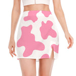 Pastel Pink And White Cow Print Side Slit Mini Skirt