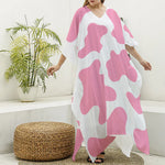 Pastel Pink And White Cow Print Silk V-Neck Kaftan Dress
