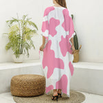 Pastel Pink And White Cow Print Silk V-Neck Kaftan Dress