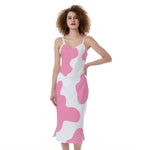 Pastel Pink And White Cow Print Slim Fit Midi Cami Dress