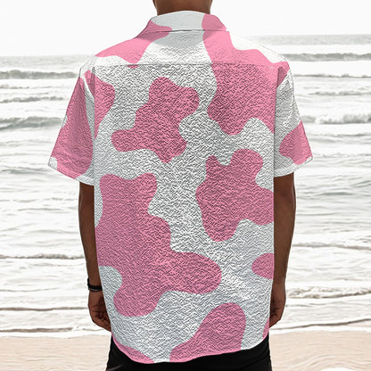 Pastel Pink And White Cow Print Textured Short Sleeve Shirt