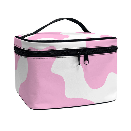 Pastel Pink And White Cow Print Travel Makeup Bag