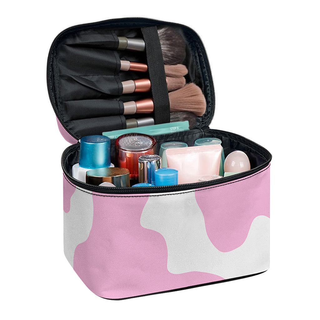 Pastel Pink And White Cow Print Travel Makeup Bag