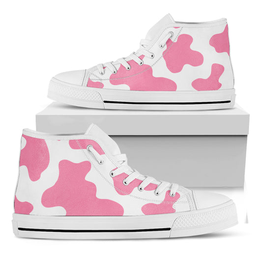 Pastel Pink And White Cow Print White High Top Sneakers