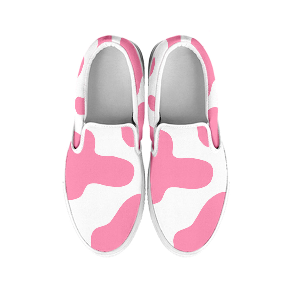 Pastel Pink And White Cow Print White Slip On Sneakers