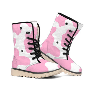 Pastel Pink And White Cow Print Winter Boots