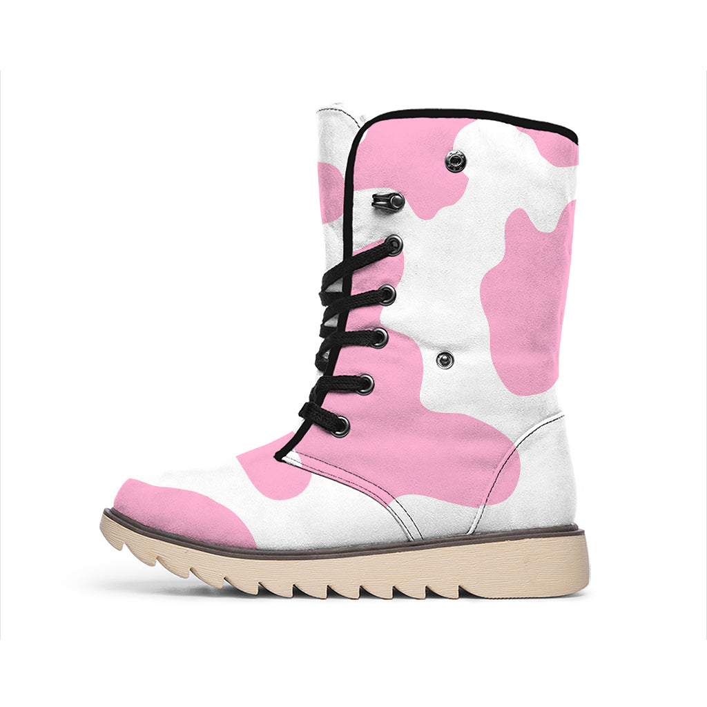 Pastel Pink And White Cow Print Winter Boots