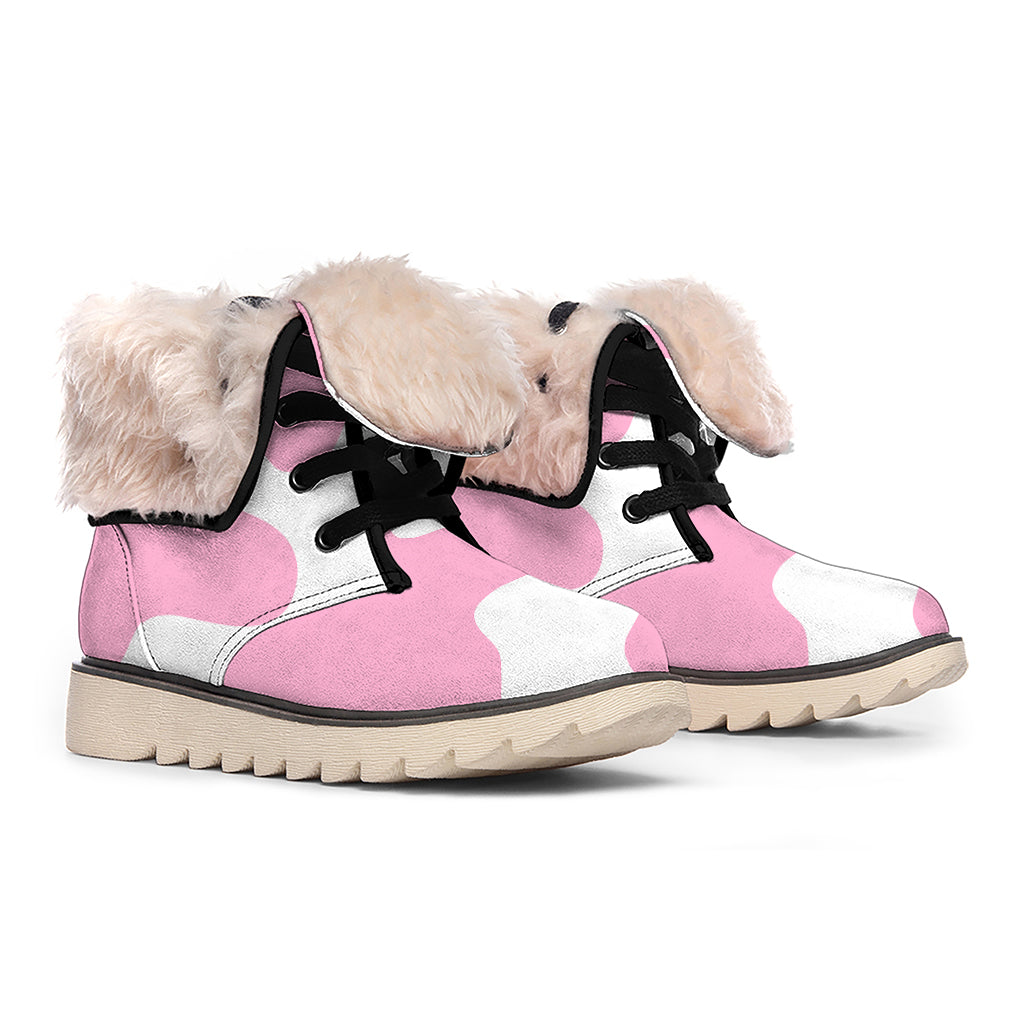 Pastel Pink And White Cow Print Winter Boots