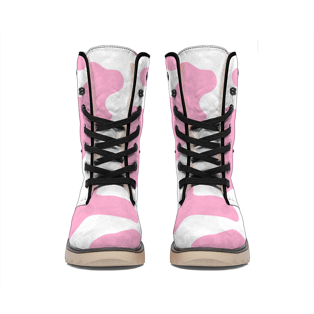 Pastel Pink And White Cow Print Winter Boots