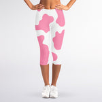 Pastel Pink And White Cow Print Women's Capri Leggings